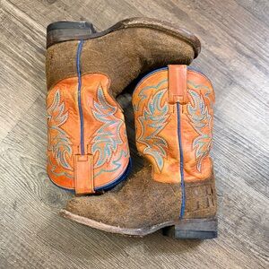 Orange and Brown Roper Western Boots with Blue Embroidery
